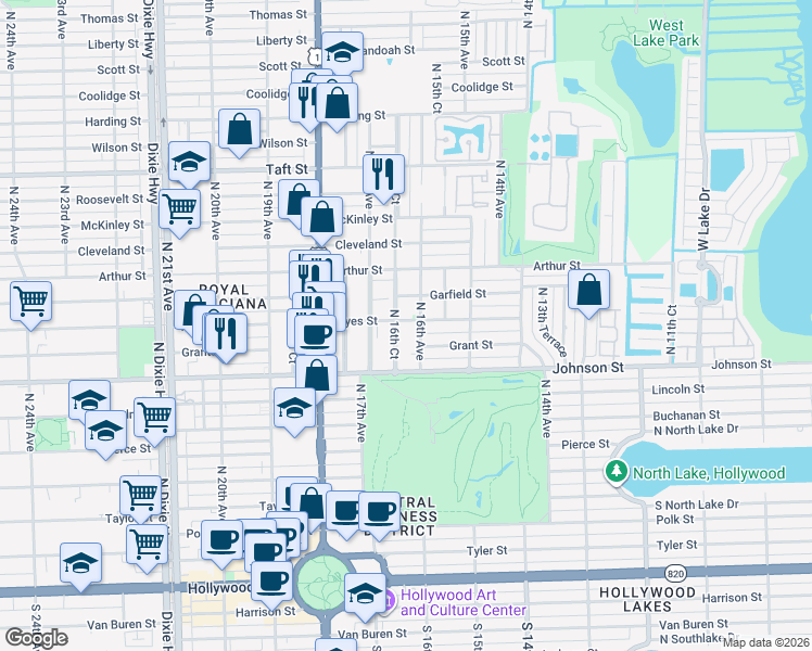 map of restaurants, bars, coffee shops, grocery stores, and more near 1018-1022 North 16th Avenue in Hollywood