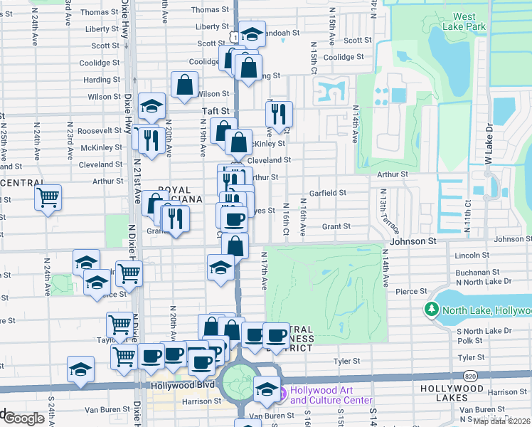 map of restaurants, bars, coffee shops, grocery stores, and more near 1025 North 17th Court in Hollywood