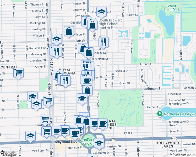 map of restaurants, bars, coffee shops, grocery stores, and more near 1025 North 17th Court in Hollywood