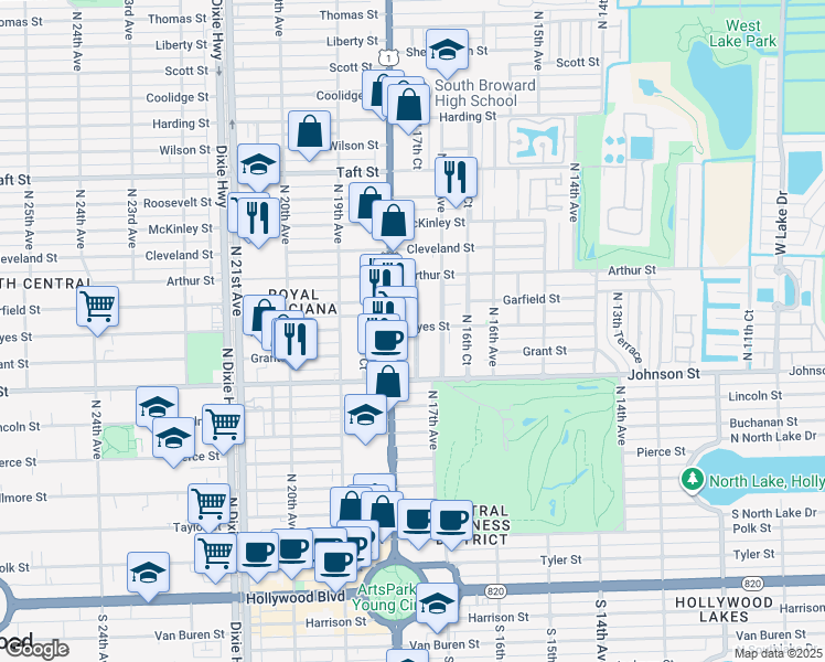 map of restaurants, bars, coffee shops, grocery stores, and more near 1025 North 17th Court in Hollywood