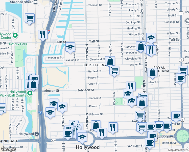 map of restaurants, bars, coffee shops, grocery stores, and more near 2525 Hayes Street in Hollywood