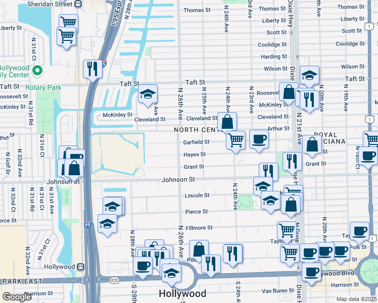 map of restaurants, bars, coffee shops, grocery stores, and more near 2525 Hayes Street in Hollywood