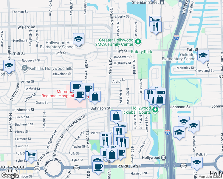 map of restaurants, bars, coffee shops, grocery stores, and more near 3245 Hayes Street in Hollywood