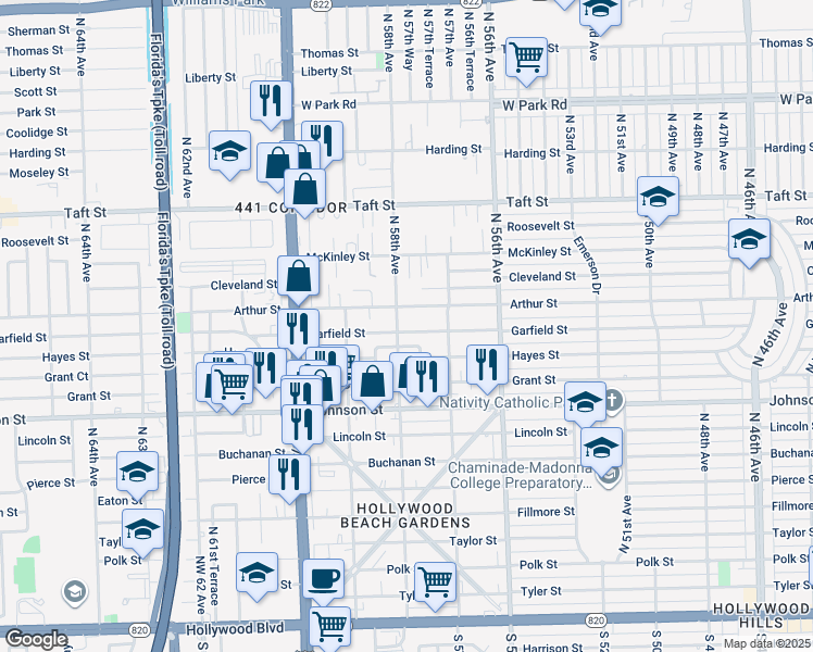 map of restaurants, bars, coffee shops, grocery stores, and more near 5745 Garfield Street in Hollywood