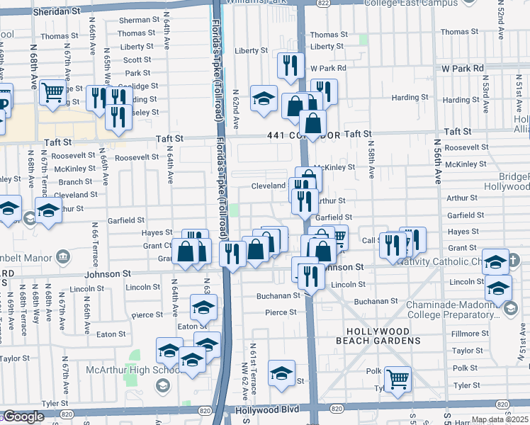 map of restaurants, bars, coffee shops, grocery stores, and more near 6129 Garfield Street in Hollywood