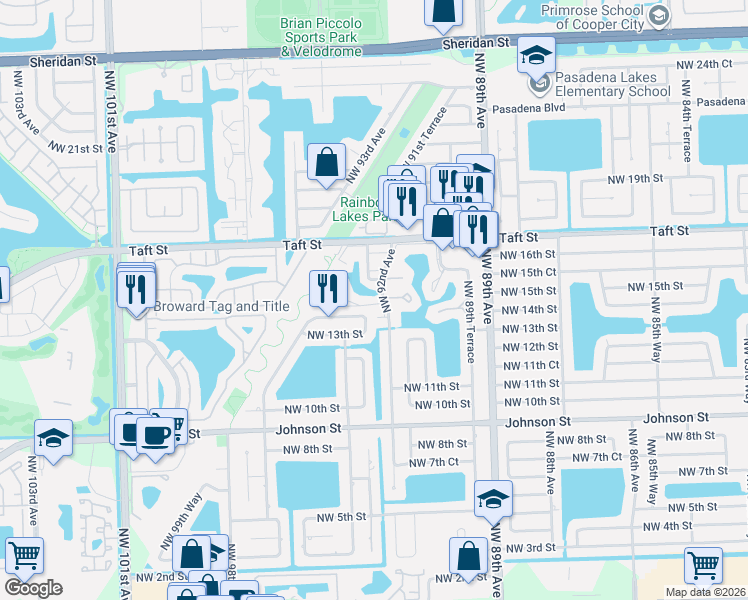 map of restaurants, bars, coffee shops, grocery stores, and more near 9271 Northwest 14th Court in Pembroke Pines