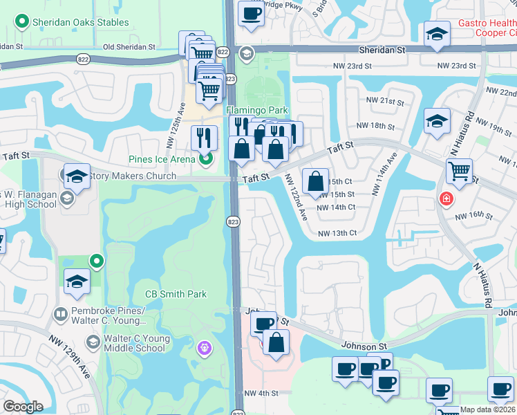 map of restaurants, bars, coffee shops, grocery stores, and more near 12386 Northwest 14th Court in Pembroke Pines