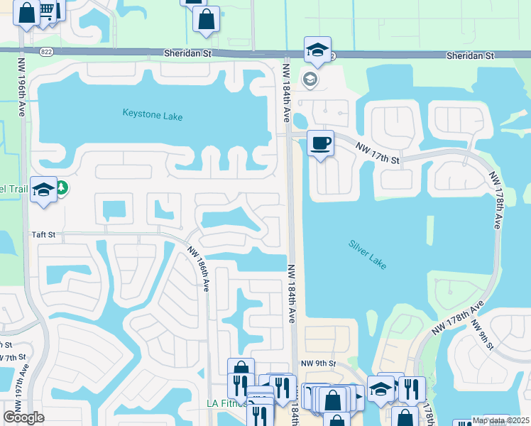 map of restaurants, bars, coffee shops, grocery stores, and more near 18433 Northwest 20th Street in Pembroke Pines