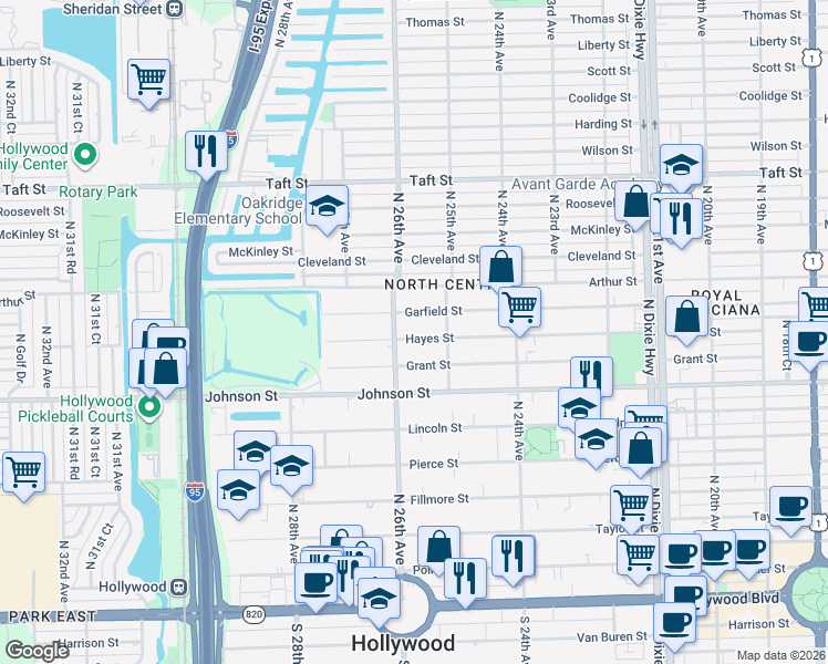 map of restaurants, bars, coffee shops, grocery stores, and more near 2525 Hayes Street in Hollywood