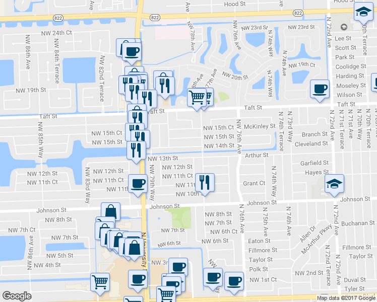 map of restaurants, bars, coffee shops, grocery stores, and more near 7781 Northwest 13th Street in Pembroke Pines