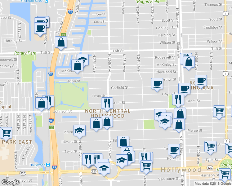 map of restaurants, bars, coffee shops, grocery stores, and more near 2525 Hayes Street in Hollywood