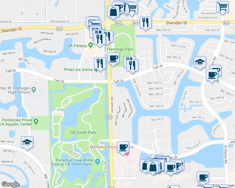 map of restaurants, bars, coffee shops, grocery stores, and more near 12357 Northwest 14th Court in Pembroke Pines
