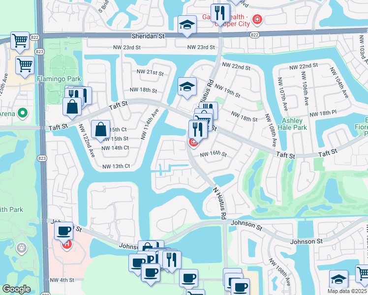 map of restaurants, bars, coffee shops, grocery stores, and more near 11201 Northwest 16th Street in Pembroke Pines