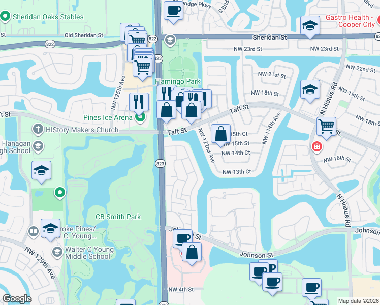 map of restaurants, bars, coffee shops, grocery stores, and more near 1413 Northwest 122nd Terrace in Pembroke Pines