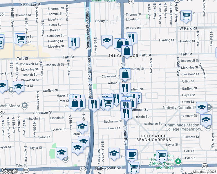 map of restaurants, bars, coffee shops, grocery stores, and more near 6129 Garfield Street in Hollywood
