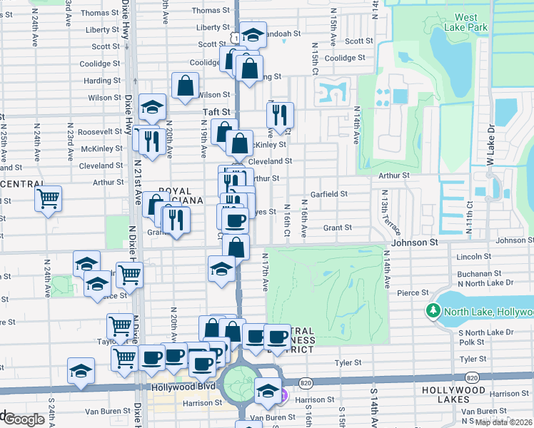 map of restaurants, bars, coffee shops, grocery stores, and more near 1025 North 17th Court in Hollywood