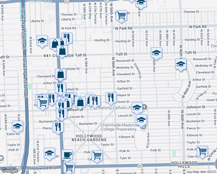 map of restaurants, bars, coffee shops, grocery stores, and more near 5621 Garfield Street in Hollywood