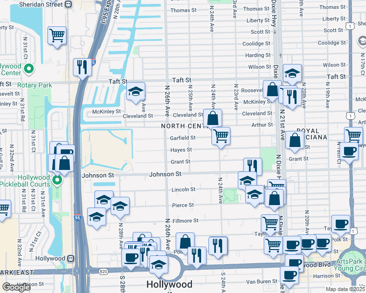 map of restaurants, bars, coffee shops, grocery stores, and more near 2525 Hayes Street in Hollywood