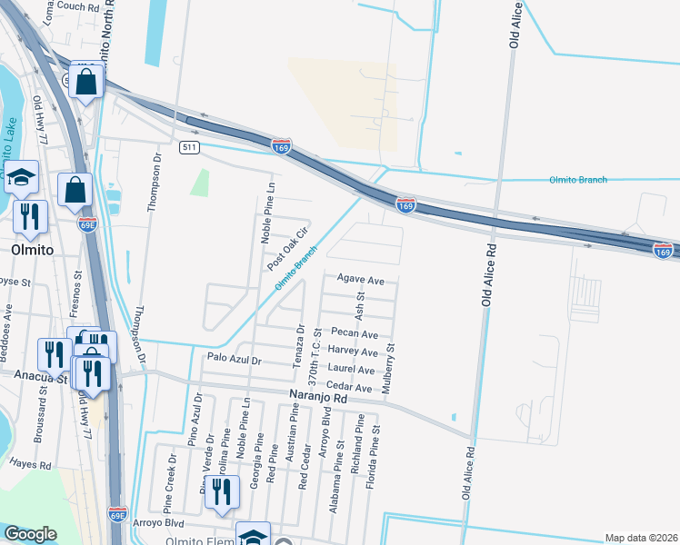 map of restaurants, bars, coffee shops, grocery stores, and more near 7601 Agave Avenue in Brownsville