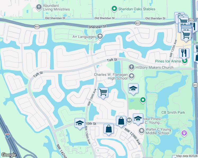 map of restaurants, bars, coffee shops, grocery stores, and more near 1552 Northwest 135th Avenue in Pembroke Pines