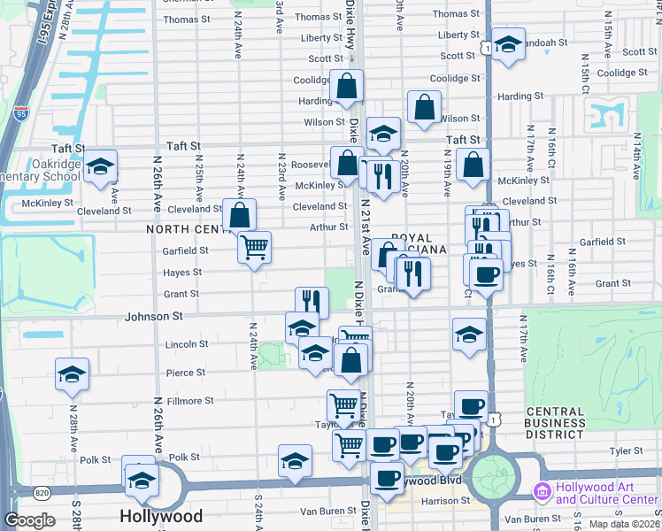 map of restaurants, bars, coffee shops, grocery stores, and more near 1101 North 22nd Avenue in Hollywood