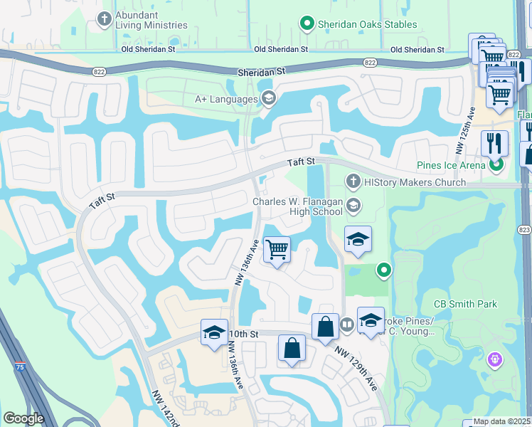map of restaurants, bars, coffee shops, grocery stores, and more near 1552 Northwest 135th Avenue in Pembroke Pines