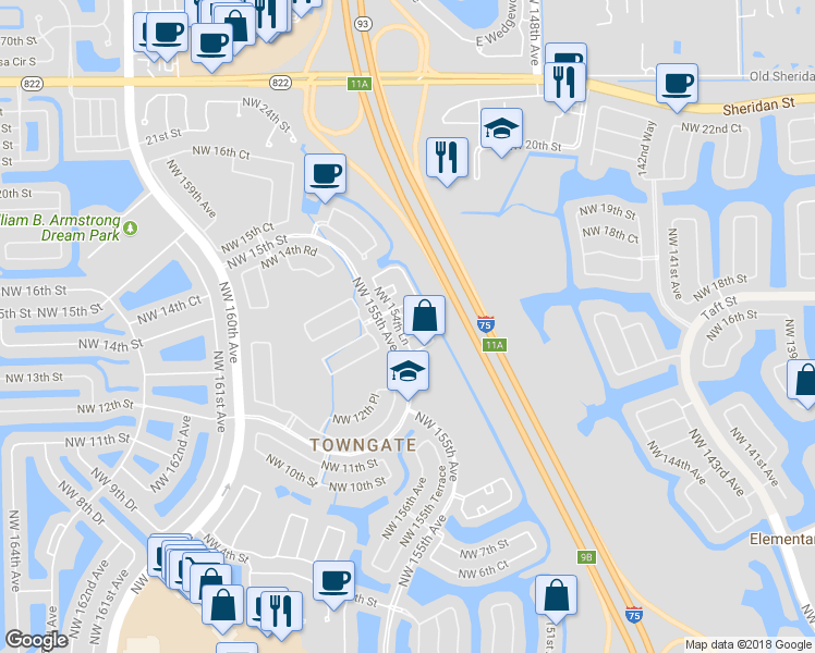 map of restaurants, bars, coffee shops, grocery stores, and more near 1321 Northwest 154th Lane in Pembroke Pines