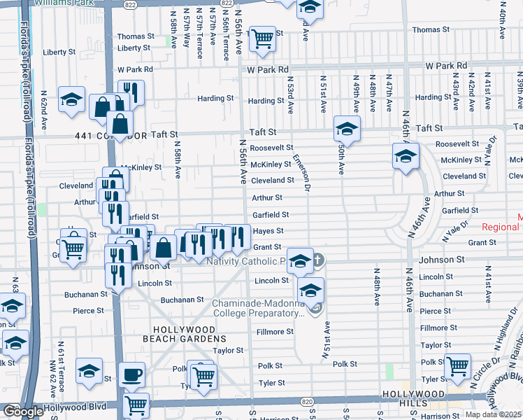 map of restaurants, bars, coffee shops, grocery stores, and more near 5501 Garfield Street in Hollywood