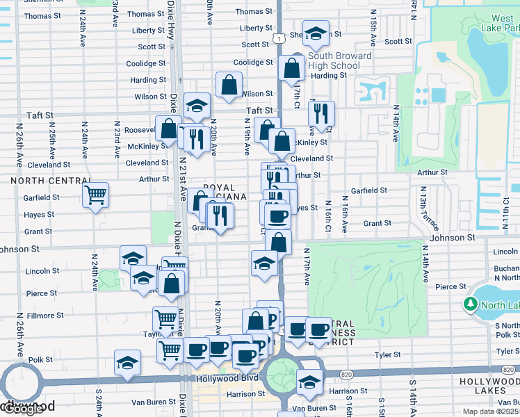 map of restaurants, bars, coffee shops, grocery stores, and more near 1830 Dixianna Street in Hollywood