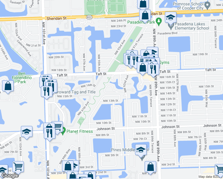 map of restaurants, bars, coffee shops, grocery stores, and more near 9341 Northwest 14th Court in Pembroke Pines