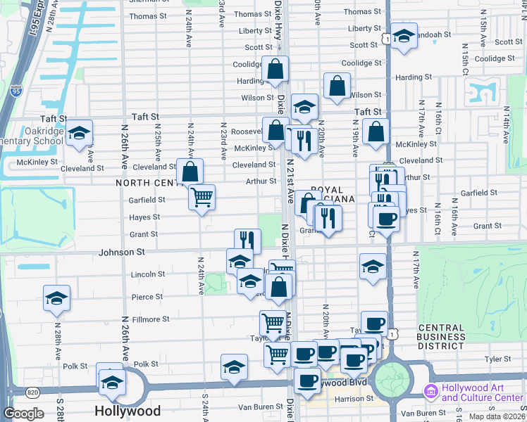 map of restaurants, bars, coffee shops, grocery stores, and more near 1101 North 22nd Avenue in Hollywood