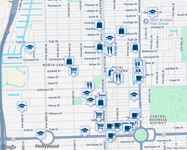 map of restaurants, bars, coffee shops, grocery stores, and more near 1101 North 22nd Avenue in Hollywood