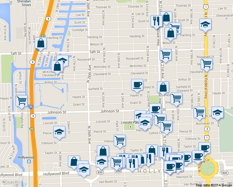 map of restaurants, bars, coffee shops, grocery stores, and more near 2418 Hayes Street in Hollywood
