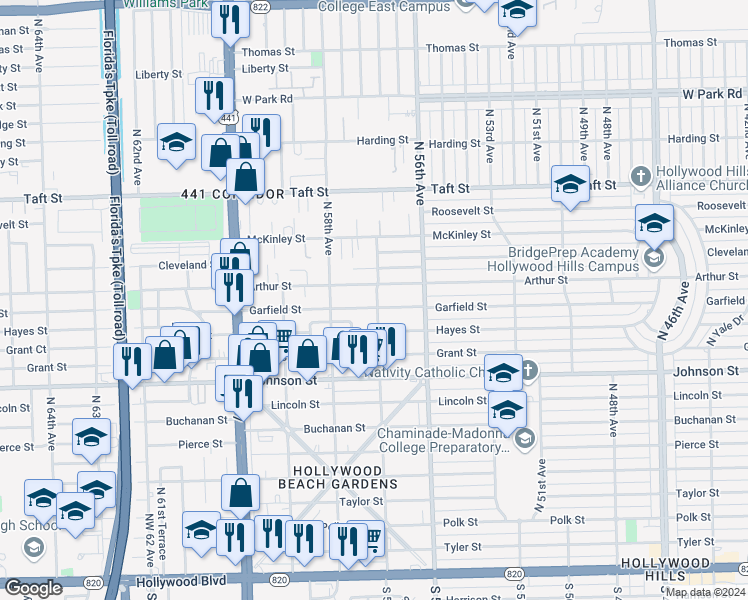map of restaurants, bars, coffee shops, grocery stores, and more near 1142 North 57th Avenue in Hollywood
