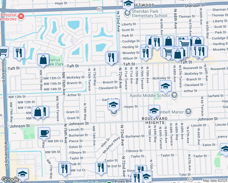 map of restaurants, bars, coffee shops, grocery stores, and more near 7300 Arthur Street in Hollywood
