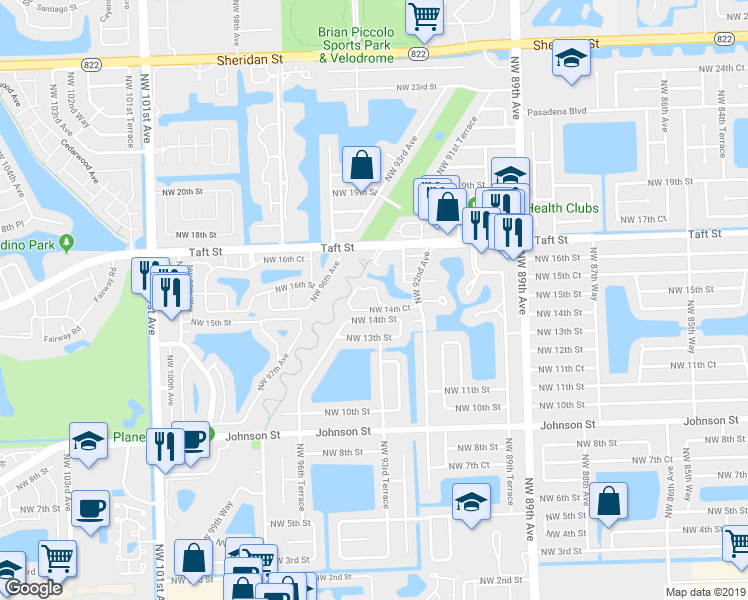 map of restaurants, bars, coffee shops, grocery stores, and more near 9461 Northwest 14th Court in Pembroke Pines