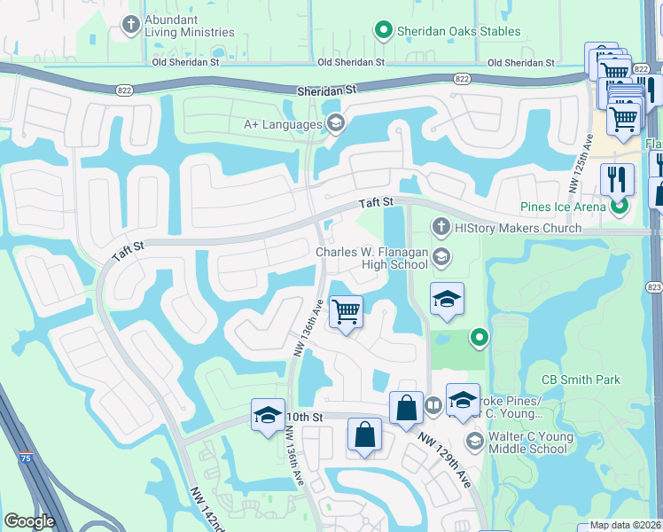 map of restaurants, bars, coffee shops, grocery stores, and more near 1552 Northwest 135th Avenue in Pembroke Pines