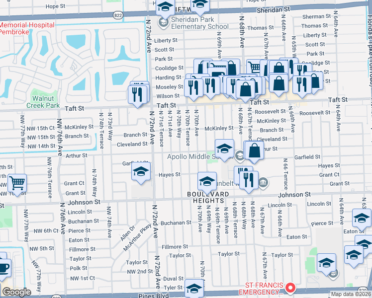 map of restaurants, bars, coffee shops, grocery stores, and more near 1231 North 70th Terrace in Hollywood