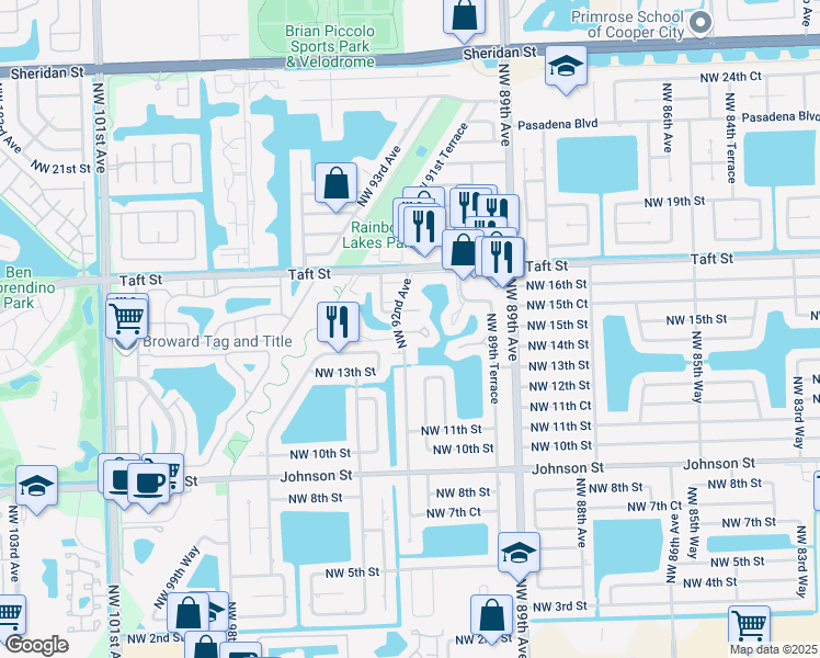 map of restaurants, bars, coffee shops, grocery stores, and more near 551 Lime Tree Lane in Pembroke Pines
