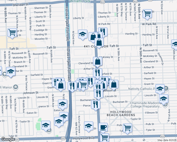 map of restaurants, bars, coffee shops, grocery stores, and more near 6045 Garfield Street in Hollywood