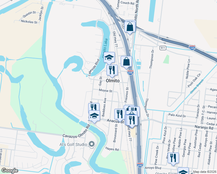 map of restaurants, bars, coffee shops, grocery stores, and more near 9263 Moyse Street in Los Fresnos