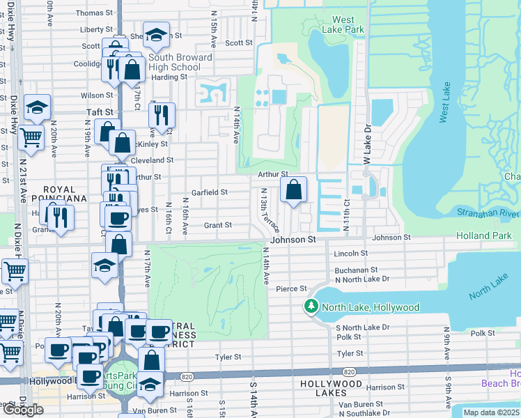 map of restaurants, bars, coffee shops, grocery stores, and more near 1012 North 13th Terrace in Hollywood