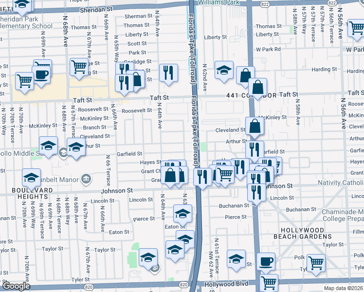 map of restaurants, bars, coffee shops, grocery stores, and more near 1203 North 63rd Avenue in Hollywood