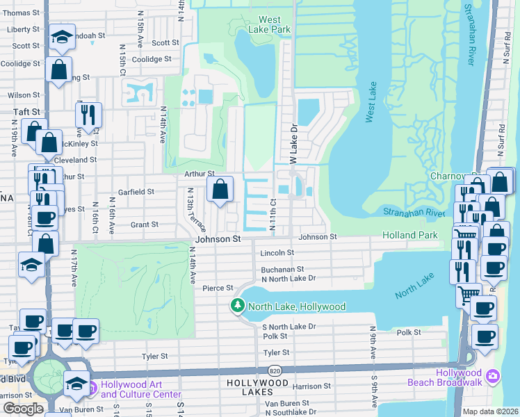 map of restaurants, bars, coffee shops, grocery stores, and more near 1163 Grant Street in Hollywood