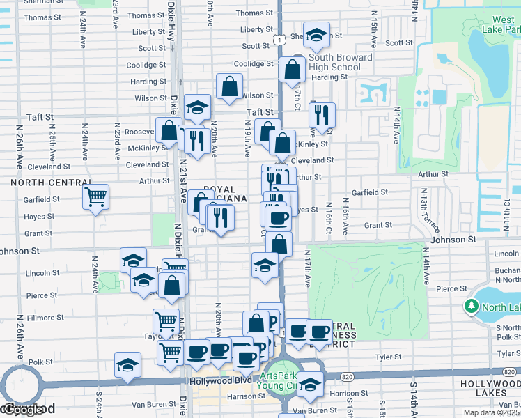 map of restaurants, bars, coffee shops, grocery stores, and more near 1019 North 19th Avenue in Hollywood