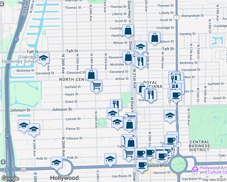 map of restaurants, bars, coffee shops, grocery stores, and more near 2234 Hayes Street in Hollywood