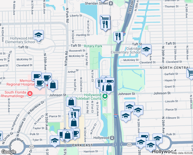 map of restaurants, bars, coffee shops, grocery stores, and more near 1106 North 31st Avenue in Hollywood