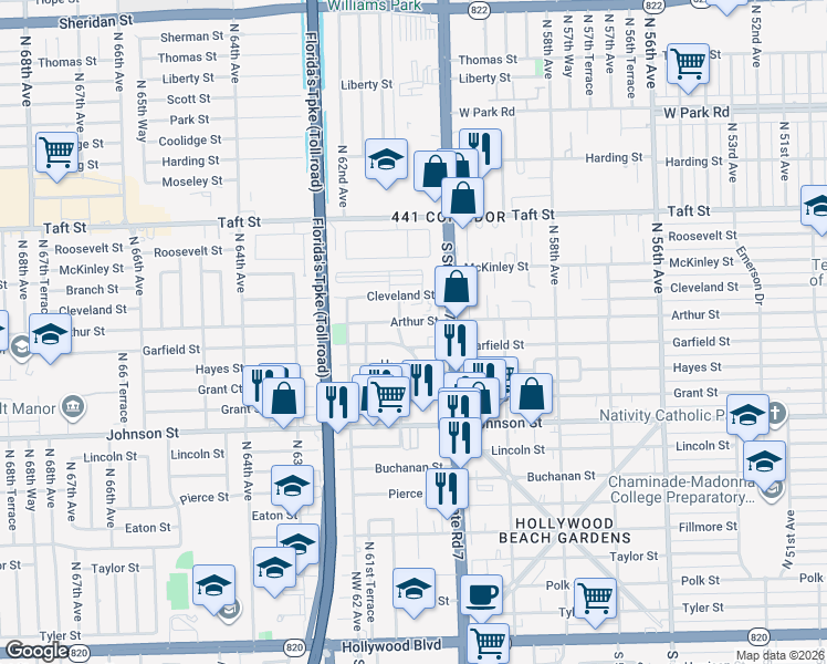 map of restaurants, bars, coffee shops, grocery stores, and more near 6045 Garfield Street in Hollywood