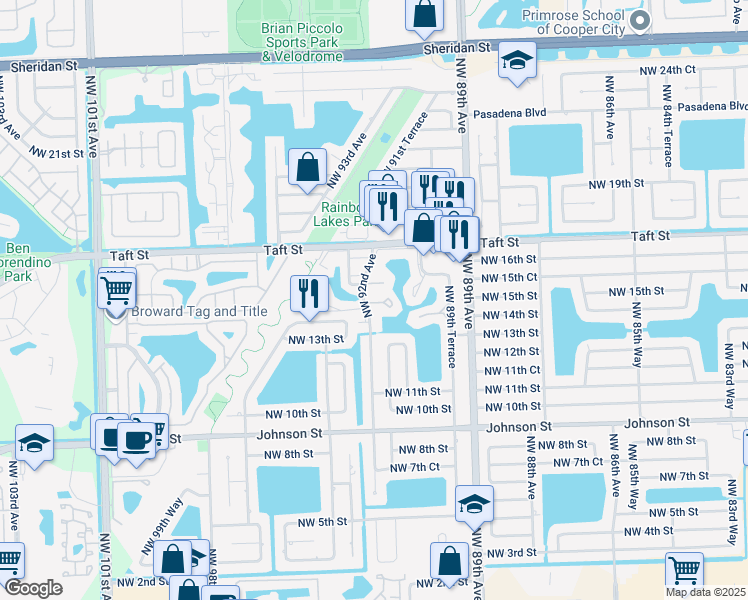map of restaurants, bars, coffee shops, grocery stores, and more near 551 Lime Tree Lane in Pembroke Pines