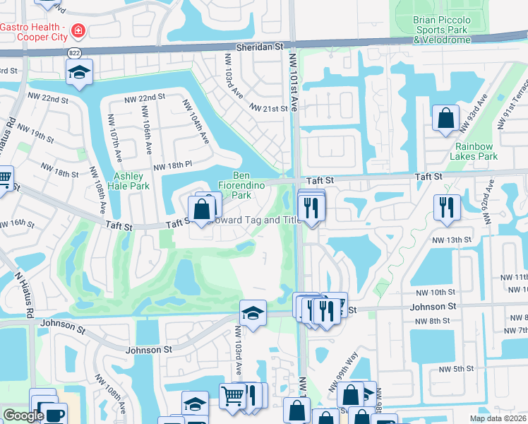 map of restaurants, bars, coffee shops, grocery stores, and more near 1470 Fairway Road in Pembroke Pines